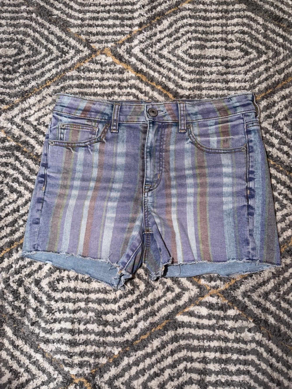American Eagle Hi Rise Shortie Striped Denim Cutoff Shorts Multicolor Sz 10